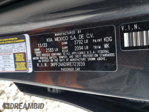 2024 Kia Forte LX with VIN 3KPF24AD9RE721659, listed as a Copart auction lot 52956935 with 14,651 mi miles and Salvage Title. Bid and sale history available at carsss.com. Image 12.