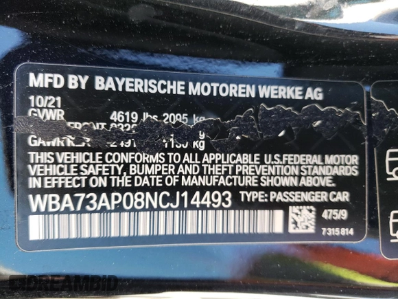 2022 BMW 4 Series 430i xDrive with VIN WBA73AP08NCJ14493, listed as a Copart auction lot 42267774 with 15,746 mi miles and Non Repairable. Bid and sale history available at DreamBid. Image 13.