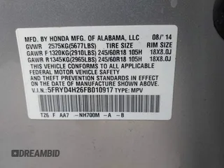 2015 Acura MDX с VIN 5FRYD4H26FB010917, выставлен на аукционе IAAI как лот 42062742 с пробегом 99 031 миль миль и . История ставок и продаж доступна на DreamBid. Изображение 9.