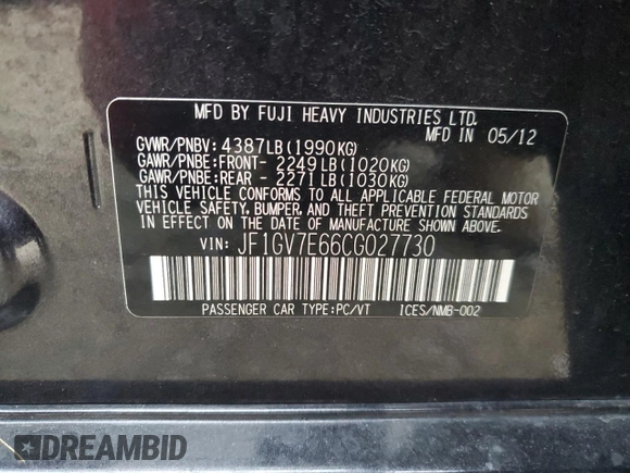 2012 Subaru WRX WRX z VIN JF1GV7E66CG027730, wystawiony jako Copart lot #42557635 z przebiegiem 65 713 mil mil oraz Szkody całkowita. Historia ofert i sprzedaży dostępna na DreamBid. Obrazek 12.