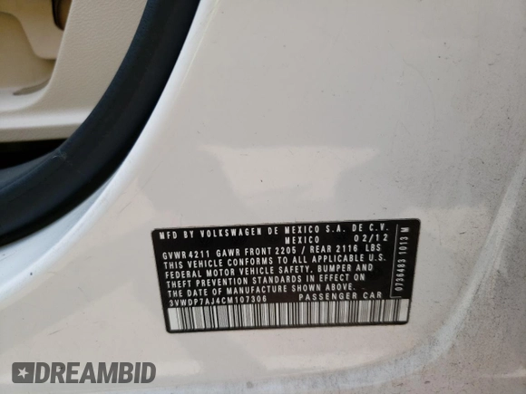 2012 Volkswagen Jetta SE with VIN 3VWDP7AJ4CM107306, listed as a Copart auction lot 59805665 with 208,772 mi miles and Clean title. Bid and sale history available at DreamBid. Image 12.