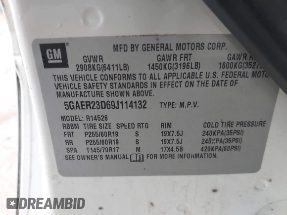 2009 Buick Enclave CXL with VIN 5GAER23D69J114132, listed as a IAAI auction lot 41554114 with 124,326 mi miles and . Bid and sale history available at DreamBid. Image 9.