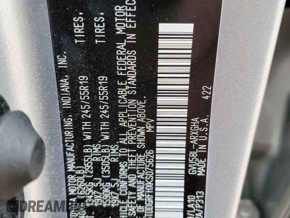 2019 Toyota Highlander Hybrid Limited with VIN 5TDDGRFHXKS075626, listed as a Copart auction lot 46043425 with 47,137 mi miles and Clean title. Bid and sale history available at DreamBid. Image 14.