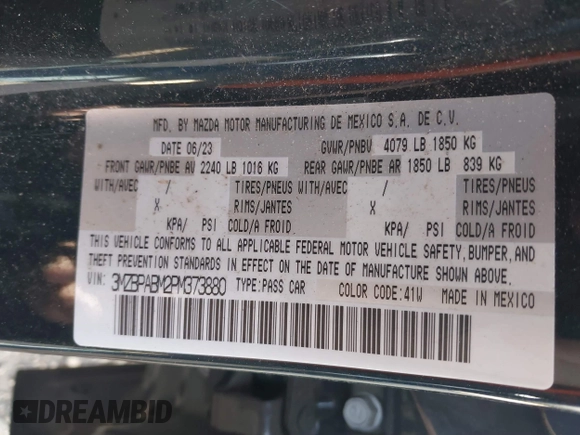 2023 Mazda 3 S Select with VIN 3MZBPABM2PM373880, listed as a IAAI auction lot 41702395 with 20,637 mi miles and . Bid and sale history available at DreamBid. Image 9.