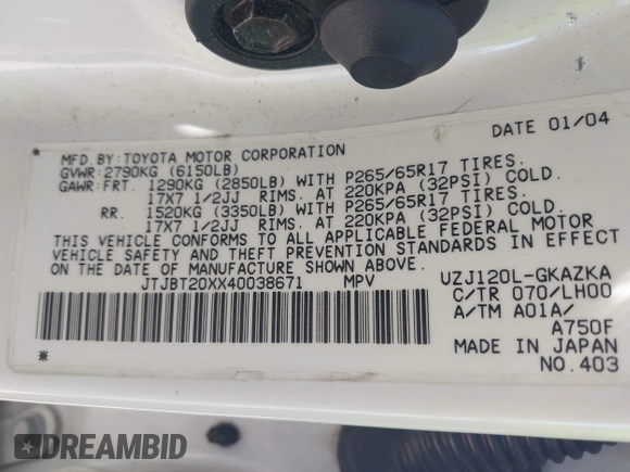 2004 Lexus GX 470 with VIN JTJBT20XX40038671, listed as a IAAI auction lot 42238146 with 250,837 mi miles and . Bid and sale history available at DreamBid. Image 9.