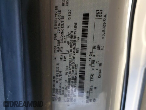 2024 Ford Transit Cargo with VIN 1FTBR1Y88RKB38322, listed as a Copart auction lot 45318395 with 1,168 mi miles and Salvage Title. Bid and sale history available at DreamBid. Image 13.