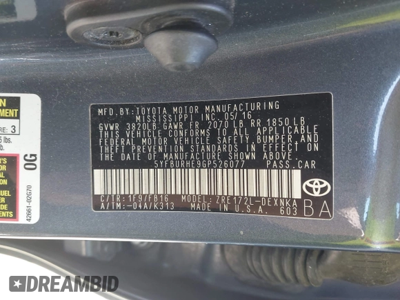 2016 Toyota Corolla L z VIN 5YFBURHE9GP526077, wystawiony jako IAAI lot #42300498 z przebiegiem 174 275 mil mil oraz . Historia ofert i sprzedaży dostępna na DreamBid. Obrazek 9.