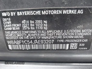 2018 BMW 3 Series with VIN WBA8F1C54JAE93207, listed as a IAAI auction lot 41876781 with 64,749 mi miles and . Bid and sale history available at DreamBid. Image 9.
