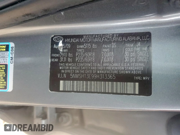 2009 Hyundai Santa Fe Limited z VIN 5NMSH13E99H313365, wystawiony jako Copart lot #63736905 z przebiegiem 152 151 mil mil oraz Szkoda całkowita • Salvage title. Historia ofert i sprzedaży dostępna na DreamBid. Obrazek 13.