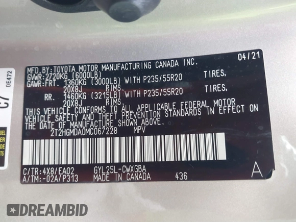 2021 Lexus RX 450h with VIN 2T2HGMDA0MC067228, listed as a IAAI auction lot 41818836 with 28,850 mi miles and . Bid and sale history available at DreamBid. Image 9.