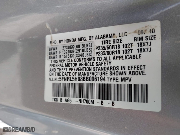 2011 Honda Odyssey Touring with VIN 5FNRL5H98BB006194, listed as a IAAI auction lot 41634887 with 1 mi miles. Bid and sale history available at carsss.com. Image 9.