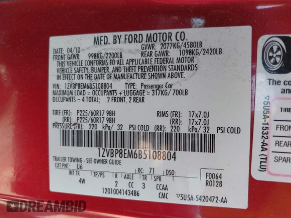 2011 Ford Mustang V6 with VIN 1ZVBP8EM6B5108804, listed as a IAAI auction lot 41966445 with 239,146 mi miles and . Bid and sale history available at DreamBid. Image 9.