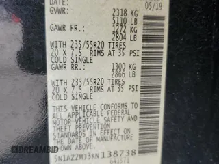 2019 Nissan Murano SL z VIN 5N1AZ2MJ3KN138738, wystawiony jako Copart lot #50719705 z przebiegiem 38 219 mil mil oraz Szkoda całkowita • Salvage title. Historia ofert i sprzedaży dostępna na DreamBid. Obrazek 15.