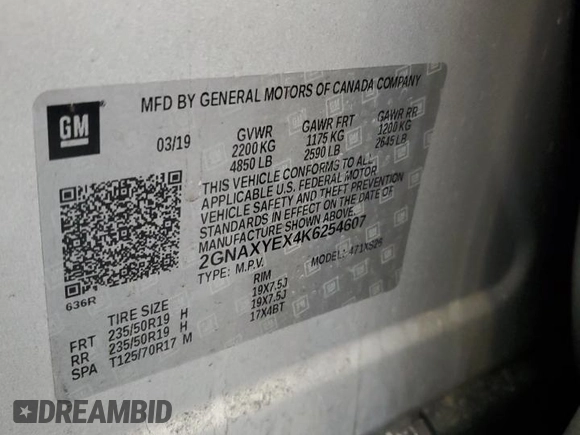 2019 Chevrolet Equinox Premier with VIN 2GNAXYEX4K6254607, listed as a Copart auction lot 46496595 with 69,506 mi miles and Salvage Title. Bid and sale history available at DreamBid. Image 13.