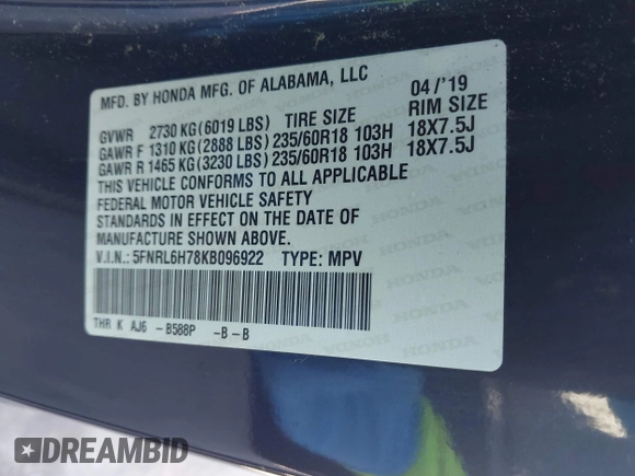 2019 Honda Odyssey EX-L with VIN 5FNRL6H78KB096922, listed as a IAAI auction lot 42008685 with 116,723 mi miles and . Bid and sale history available at DreamBid. Image 9.