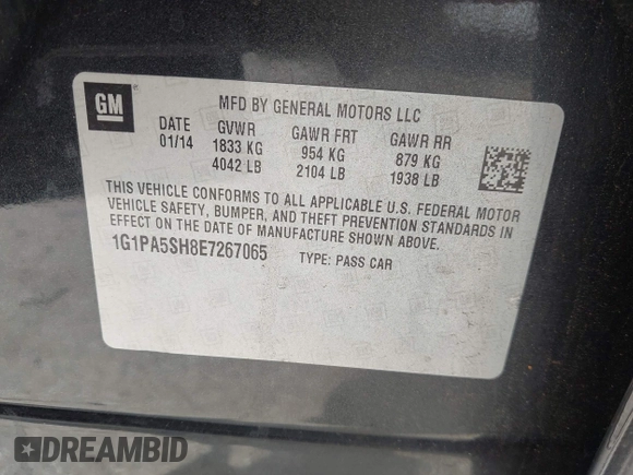 2014 Chevrolet Cruze LS with VIN 1G1PA5SH8E7267065, listed as a IAAI auction lot 42509912 with 85,646 mi miles and . Bid and sale history available at DreamBid. Image 9.