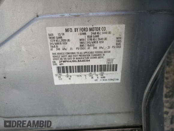 2020 Ford Edge SEL with VIN 2FMPK4J96LBA46394, listed as a Copart auction lot 53645965 with 199,716 mi miles and Salvage title. Bid and sale history available at DreamBid. Image 13.