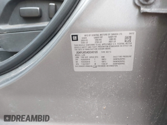 2012 GMC Terrain SLT-2 with VIN 2GKFLXE54C6343120, listed as a IAAI auction lot 42029910 with 147,766 mi miles and . Bid and sale history available at DreamBid. Image 9.