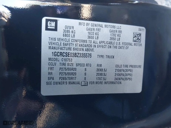 2011 Chevrolet Silverado 1500 LT with VIN 1GCRCSE03BZ335576, listed as a IAAI auction lot 41763158 with 35,574 mi miles. Bid and sale history available at carsss.com. Image 9.