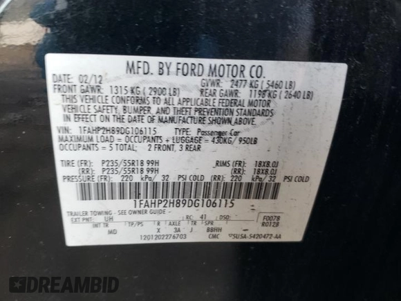 2013 Ford Taurus SEL with VIN 1FAHP2H89DG106115, listed as a Copart auction lot 43340065 with 196,946 mi miles and Clean Title. Bid and sale history available at DreamBid. Image 12.