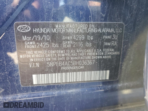 2011 Hyundai Sonata GLS with VIN 5NPEB4AC5BH036367, listed as a Copart auction lot 51372575 with 109,868 mi miles and Salvage Title. Bid and sale history available at carsss.com. Image 13.