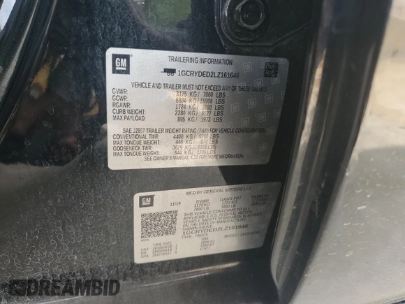 2020 Chevrolet Silverado 1500 LT with VIN 1GCRYDED2LZ161646, listed as a Copart auction lot 54056965 with 174,986 mi miles and Salvage Title. Bid and sale history available at DreamBid. Image 12.