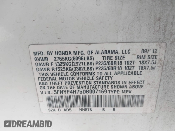 2013 Honda Pilot EX-L with VIN 5FNYF4H75DB007169, listed as a IAAI auction lot 41923727 with 135,105 mi miles and . Bid and sale history available at DreamBid. Image 9.