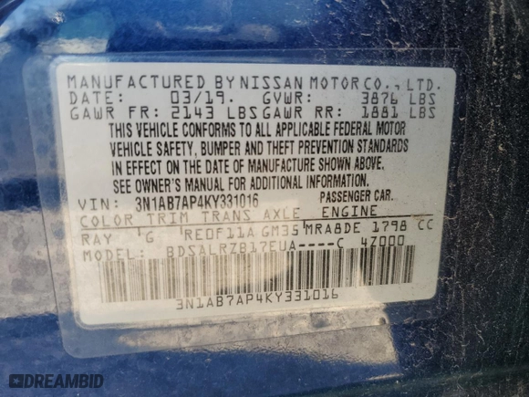 2019 Nissan Sentra S with VIN 3N1AB7AP4KY331016, listed as a Copart auction lot 46700695 with 105,527 mi miles and Salvage Title. Bid and sale history available at carsss.com. Image 12.