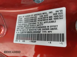 2005 Honda Element EX with VIN 5J6YH18605L006892, listed as a IAAI auction lot 41891642 with 300,980 mi miles and . Bid and sale history available at DreamBid. Image 9.