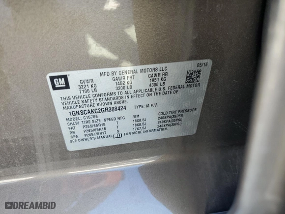 2016 Chevrolet Tahoe LS with VIN 1GNSCAKC2GR388424, listed as a Copart auction lot 49662755 with 139,652 mi miles and Salvage Title. Bid and sale history available at carsss.com. Image 15.