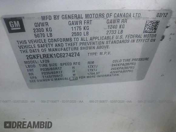2012 GMC Terrain SLE-1 with VIN 2GKFLREK1C6274274, listed as a IAAI auction lot 40386688 with 82,132 mi miles. Bid and sale history available at carsss.com. Image 9.
