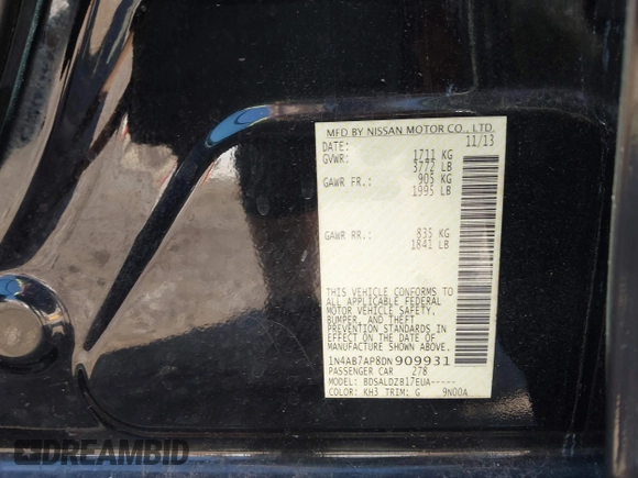 2013 Nissan Sentra SV with VIN 1N4AB7AP8DN909931, listed as a IAAI auction lot 41475743 with 139,217 mi miles and . Bid and sale history available at carsss.com. Image 9.