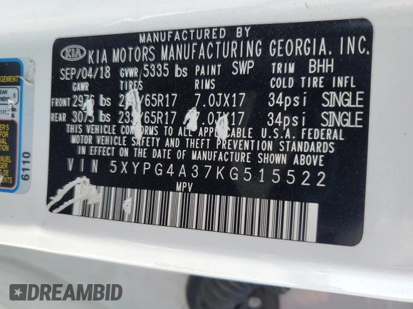2019 Kia Sorento L with VIN 5XYPG4A37KG515522, listed as a Copart auction lot 49770705 with 102,188 mi miles and Salvage Title. Bid and sale history available at DreamBid. Image 13.