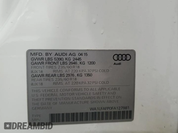 2015 Audi Q5 Premium Plus with VIN WA1LFAFP0FA127981, listed as a Copart auction lot 56475825 with 70,454 mi miles and Salvage title. Bid and sale history available at DreamBid. Image 14.