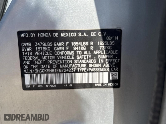 2015 Honda Fit EX-L with VIN 3HGGK5H81FM724237, listed as a Copart auction lot 51496485 with 97,107 mi miles and Salvage Title. Bid and sale history available at carsss.com. Image 10.