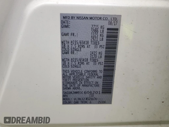 2018 Nissan Pathfinder SV with VIN 5N1DR2MM9JC606201, listed as a Copart auction lot 57344915 with 112,299 mi miles and Salvage title. Bid and sale history available at DreamBid. Image 13.