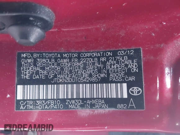 2012 Toyota Prius One with VIN JTDKN3DU1C5429857, listed as a IAAI auction lot 41072254 with 107,418 mi miles. Bid and sale history available at carsss.com. Image 9.