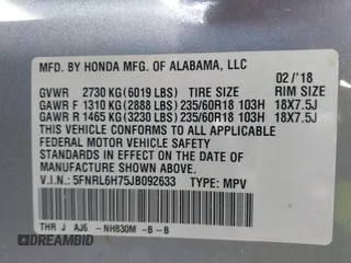 2018 Honda Odyssey EX-L with VIN 5FNRL6H75JB092633, listed as a IAAI auction lot 41971589 with 103,099 mi miles and . Bid and sale history available at DreamBid. Image 9.