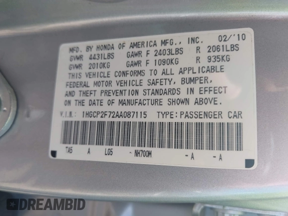 2010 Honda Accord EX with VIN 1HGCP2F72AA087115, listed as a IAAI auction lot 42537334 with 120,195 mi miles and . Bid and sale history available at DreamBid. Image 9.