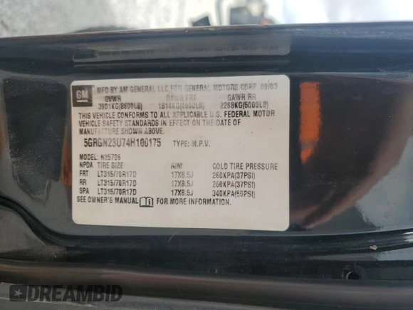 2004 Hummer H2 z VIN 5GRGN23U74H100175, wystawiony jako Copart lot #52642125 z przebiegiem 112 305 mil mil oraz Szkoda całkowita • Salvage title. Historia ofert i sprzedaży dostępna na DreamBid. Obrazek 15.