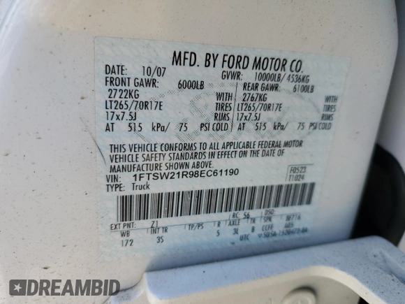 2008 Ford F-250 XL with VIN 1FTSW21R98EC61190, listed as a Copart auction lot 51826535 with 137,217 mi miles and Salvage title. Bid and sale history available at DreamBid. Image 15.