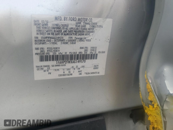 2010 Ford Taurus Limited with VIN 1FAHP2FWXAG149570, listed as a Copart auction lot 59150085 with 201,632 mi miles and Salvage title. Bid and sale history available at DreamBid. Image 12.