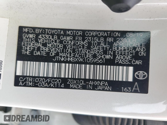 2019 Toyota C-HR XLE with VIN JTNKHMBX9K1059561, listed as a Copart auction lot 53568795 with 58,912 mi miles and Salvage Title. Bid and sale history available at DreamBid. Image 13.