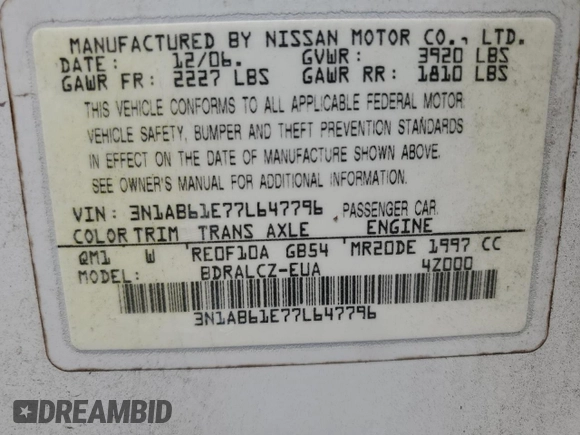 2007 Nissan Sentra 2.0 with VIN 3N1AB61E77L647796, listed as a Copart auction lot 60673395 with 175,548 mi miles and Salvage title. Bid and sale history available at DreamBid. Image 13.