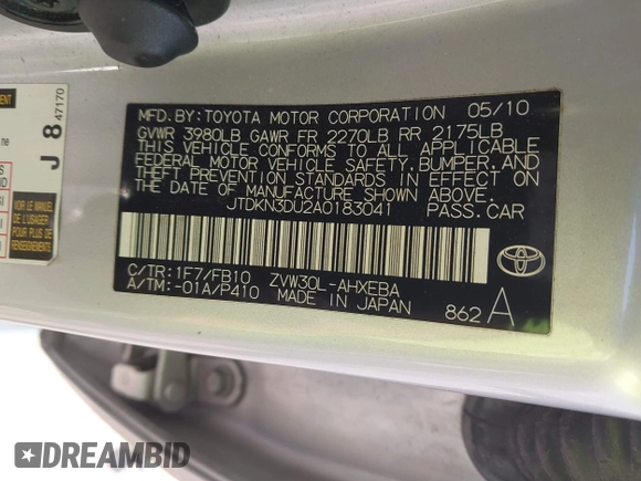 2010 Toyota Prius II with VIN JTDKN3DU2A0183041, listed as a IAAI auction lot 42023373 with 204,235 mi miles. Bid and sale history available at carsss.com. Image 9.