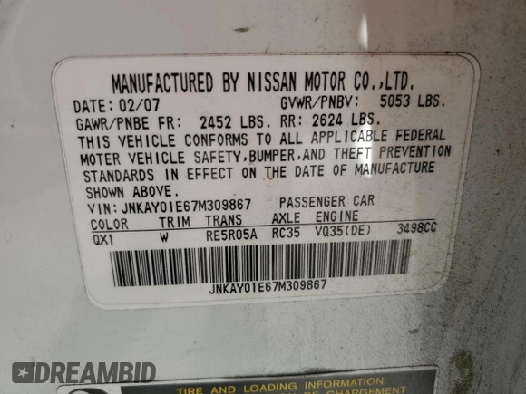 2007 Infiniti M Sport with VIN JNKAY01E67M309867, listed as a Copart auction lot 73295664 with 165,064 mi miles and Salvage Title. Bid and sale history available at DreamBid. Image 14.