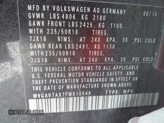 2015 Volkswagen Tiguan SE с VIN WVGAV7AX7FW510549, выставлен на аукционе IAAI как лот 42652715 с пробегом 152 488 миль миль и . История ставок и продаж доступна на DreamBid. Изображение 9.