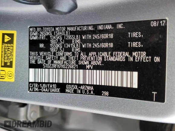 2017 Toyota Highlander LE with VIN 5TDZZRFH7HS226821, listed as a Copart auction lot 47089555 with 101,192 mi miles and Salvage title. Bid and sale history available at DreamBid. Image 15.