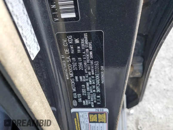 2019 Kia Forte LXS with VIN 3KPF24AD0KE113163, listed as a Copart auction lot 46904235 with 66,779 mi miles and Salvage Title. Bid and sale history available at DreamBid. Image 14.