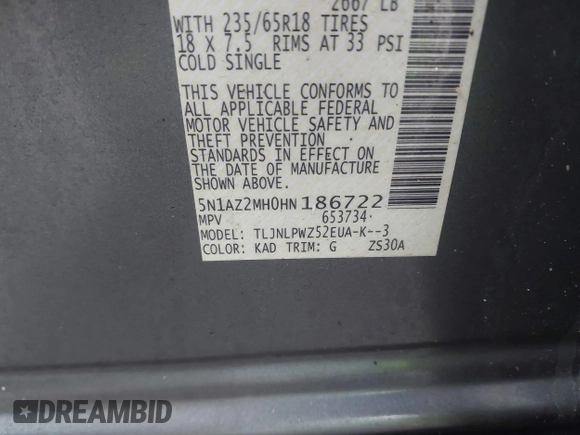 2017 Nissan Murano SL with VIN 5N1AZ2MH0HN186722, listed as a IAAI auction lot 41857991 with 52,845 mi miles and . Bid and sale history available at DreamBid. Image 9.